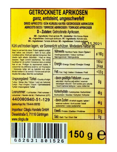 Abricots Sechés Naturel Au Soleil 250gr Ciloglu
