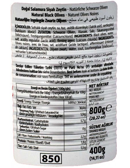 Olives noires  de Turquie Calibre L Hiper 400gr Marmara Birlik