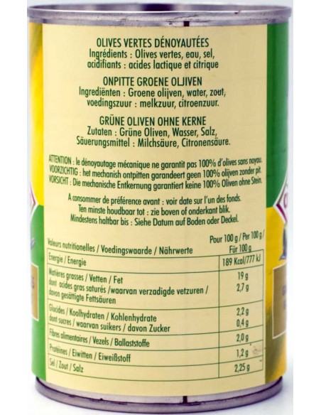 Olives vertes Dénoyautées nature  397gr Crespo