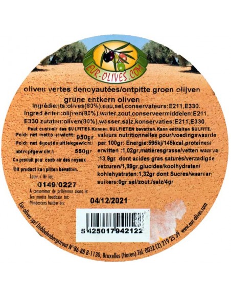 Olives Vertes dénoyautées nature du Maroc 550gr égoutté Eur-olives